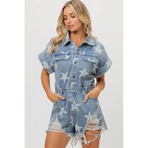 BiBi Denim Star Print Distressed Romper Jumpsuit‎ Women's Size Small